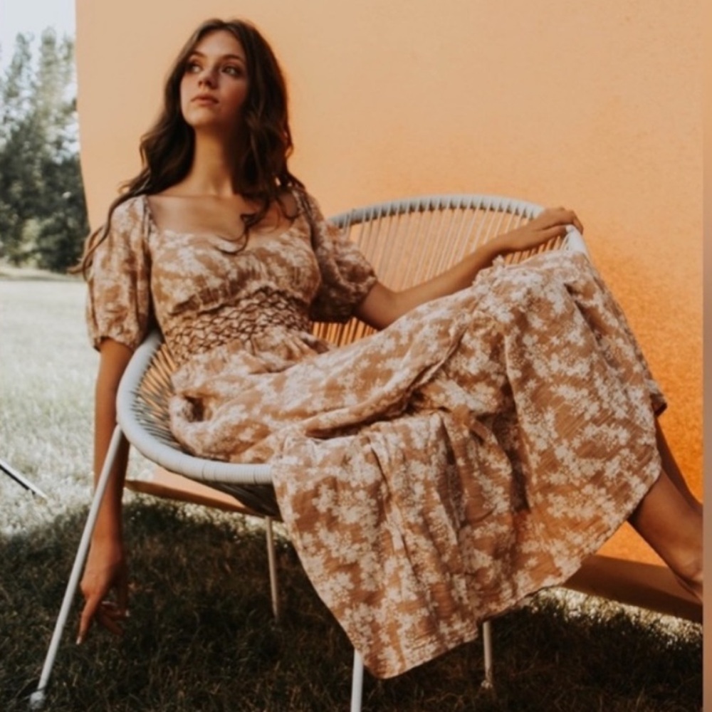 Free People Ellie Printed Maxi Dress Neutral Floral Boho Smocked S - Picture 9 of 14